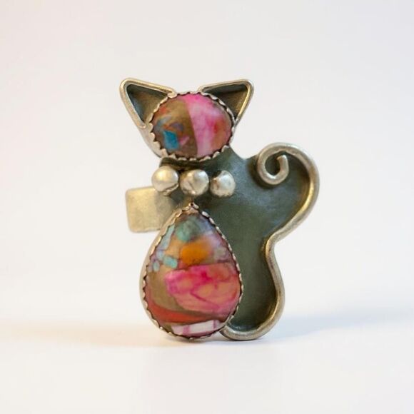 Spiny Pink Dahlia Turquoise Cat Adjustable Ring Artisan Handmade Sterling Silver - Picture 3 of 6